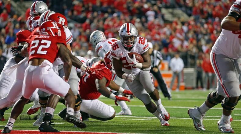 Ohio State running back Mike Weber rushes for a touchdown against Rutgers on September 30, 2017 at High Point Solutions Stadium in Piscataway, New Jersey. (Photo by Hunter Martin/Getty Images)