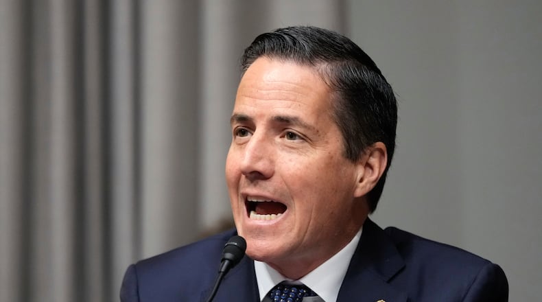 FILE - Sen. Bernie Moreno, R-Ohio, speaks at the Senate Homeland Security and Governmental Affairs Committee confirmation hearing for South Dakota Gov. Kristi Noem, President-elect Donald Trump's nominee to be Secretary of Homeland Security, at the Capitol in Washington, Jan. 17, 2025. (AP Photo/Ben Curtis, File)
