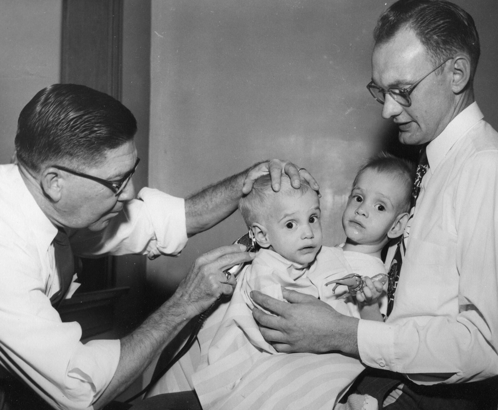 Ronnie and Donnie Galyon, world's oldest conjoined twins. Oct. 27, 1952 Journal Herald photo by Bob Doty.