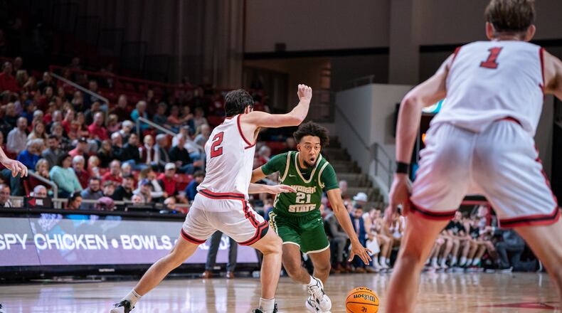 Wright State's Logan Woods (21) drives against Davidson during a game earlier this season. Danny Sikkenga/Wright State Athletics