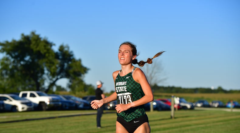 Wright State's Katilyn Miller during the All-Ohio Intercollegiate at Cedarville on Sept. 15, 2023. Miller finished sixth. The Raider cross country teams will host the Horizon League championships this week. Wright State Athletics photo