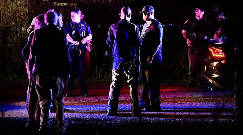 There was a heavy police presence in Yellow Springs on South High Street Thursday night, March 14, 2024, following a report of a shooting. MARSHALL GORBY \STAFF