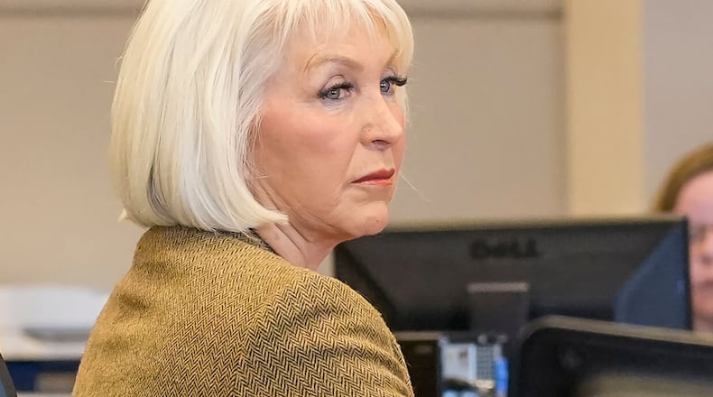 FILE - Tina Peters, former Mesa County, Colo., clerk, listens during her trial, March 3, 2023, in Grand Junction, Colo. (Scott Crabtree/The Grand Junction Daily Sentinel via AP, Pool, File)