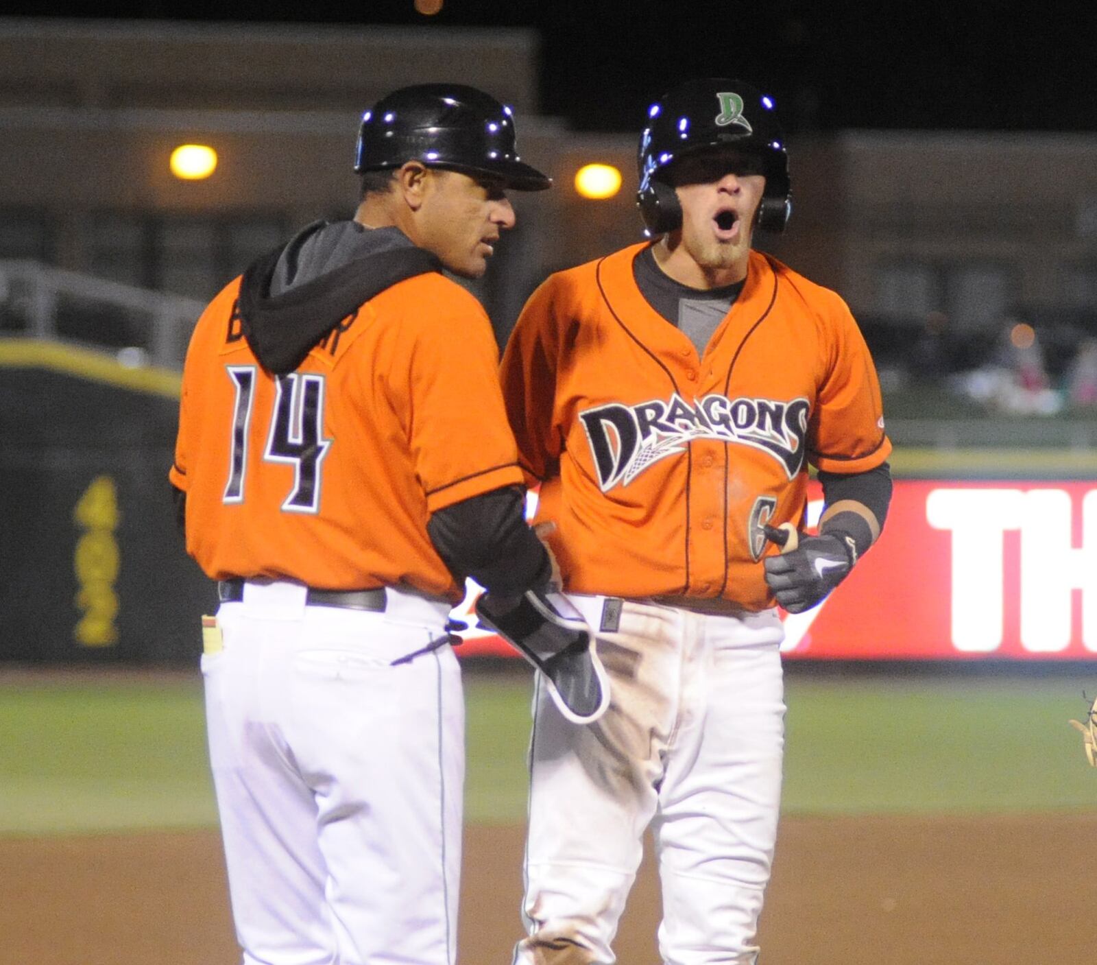 Dragons manager Luis Bolivar and T.J. Friedl. The Lake County Captains (Indians) defeated the Dragons 7-3 at Dayton’s Fifth Third Field on Friday, April 7, 2017. MARC PENDLETON / STAFF