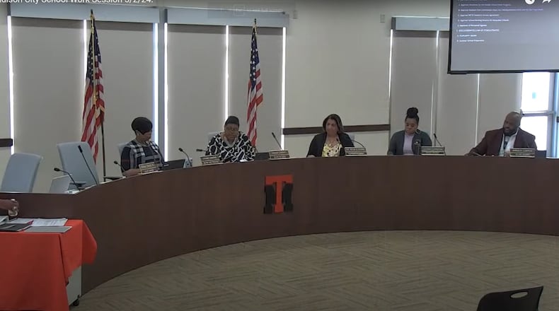 The Trotwood Madison School Board during a meeting May 2. Courtesy of Trotwood Schools.