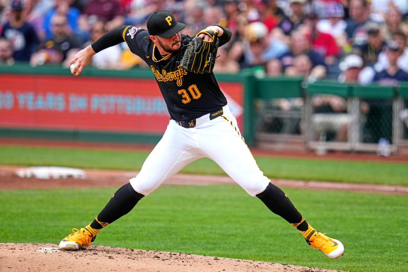 Pittsburgh Pirates pitcher Paul Skenes delivers during the first inning of a baseball game against the Cleveland Guardians in Pittsburgh, Saturday, April 19, 2025. (AP Photo/Gene J. Puskar)