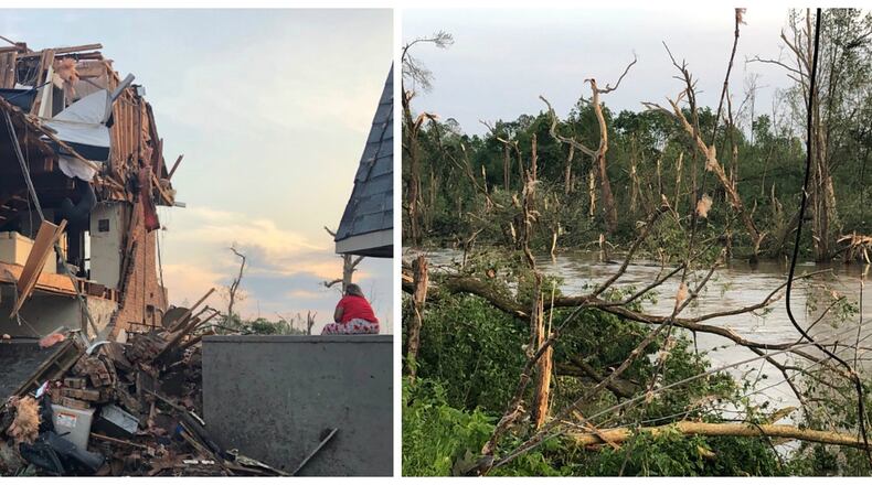 Structural damage at the Rivers Edge Apartments on Riverside Drive and tree damage along the Stillwater River just behind the complex convinced the National Weather Service to upgrade Monday’s largest Dayton-area tornado to an EF-4. These photos were taken around 6:30 a.m. Tuesday. JEREMY P. KELLEY / STAFF