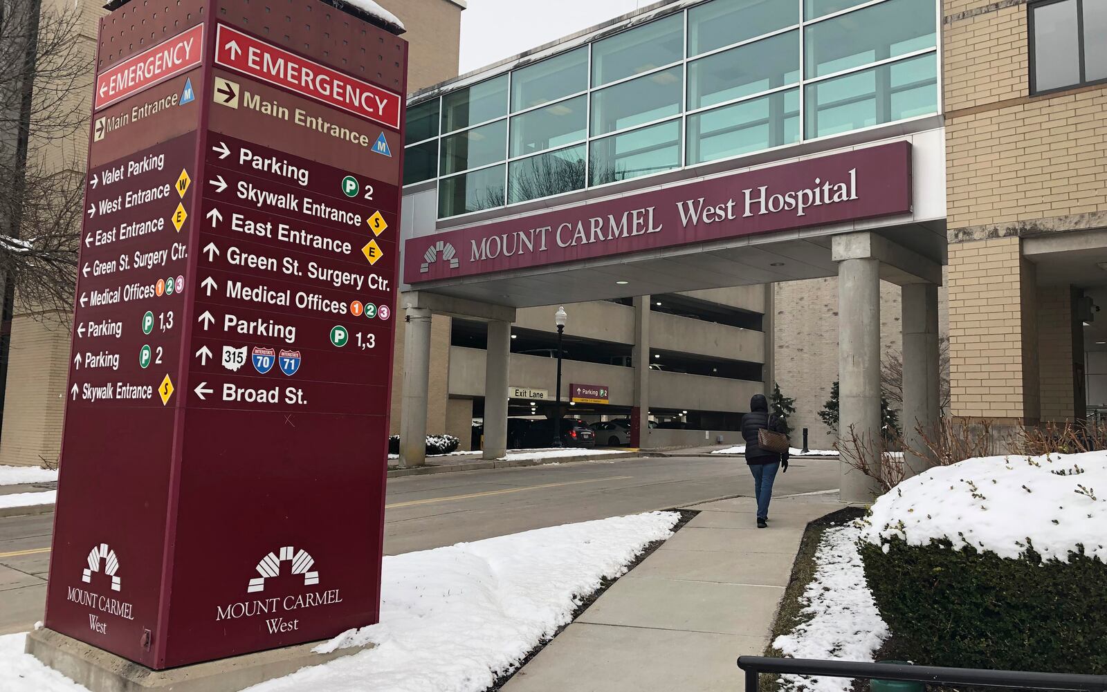 FILE - The main entrance to Mount Carmel West Hospital is shown on Jan. 15, 2019,in Columbus, Ohio. (AP Photo/Andrew Welsh Huggins, File)