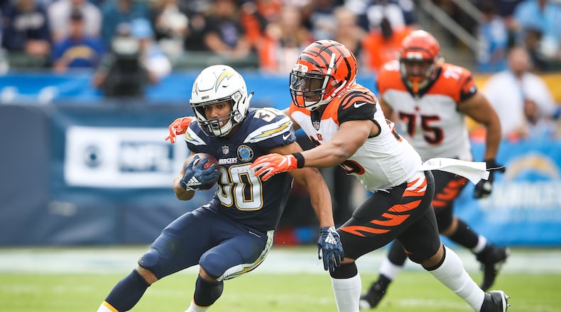 CARSON, CA - DECEMBER 09: Running back Austin Ekeler #30 of the Los Angeles Chargers runs a 7-yard pass play in the first quarter against the Cincinnati Bengals at StubHub Center on December 9, 2018 in Carson, California. (Photo by Sean M. Haffey/Getty Images)