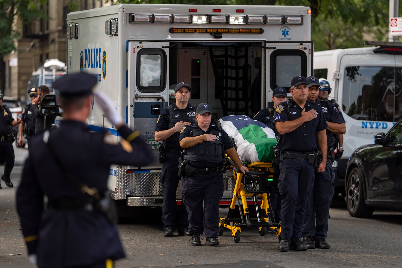 A casket of NYPD Officer Didarul Islam arrives at Parkchester Jame Masjid after Monday's deadly shooting, Tuesday, July 29, 2025, in New York. (AP Photo/Yuki Iwamura)