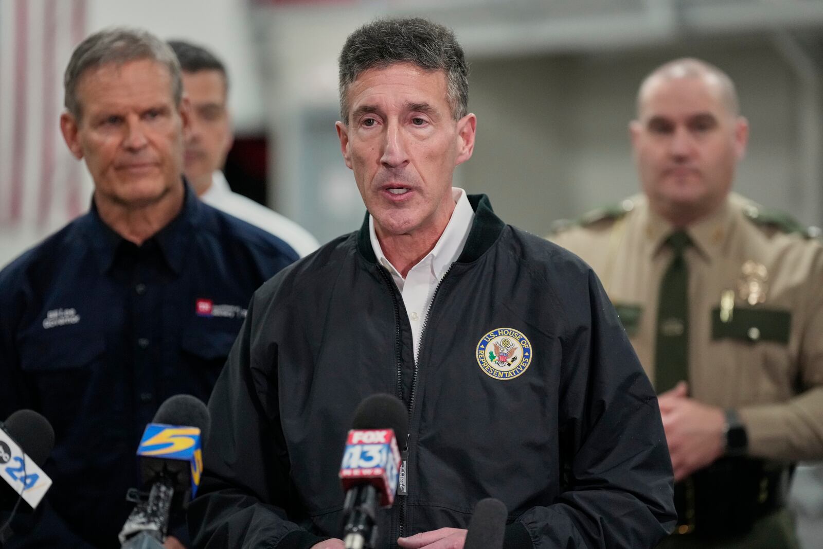 Rep. David Kustoff, R-Tenn., speaks about the storm damage during news conference Thursday, April 3, 2025, in Selmer, Tenn. (AP Photo/George Walker IV)