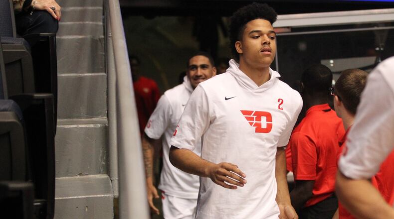 Dayton's Frankie Policelli runs onto the court before a game against North Florida on Nov. 7, 2018, at UD Arena.