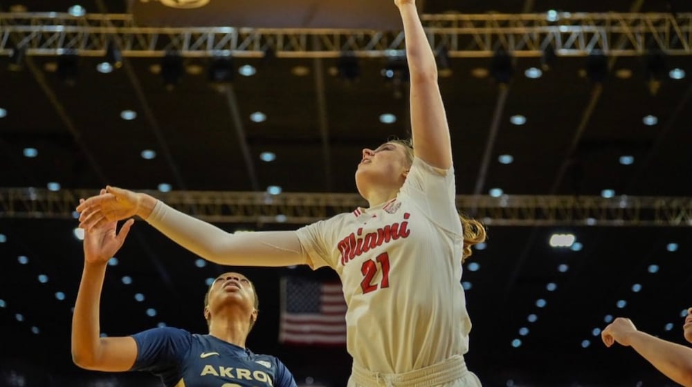 Miami’s Ilse de Vries puts up a shot against Akron on Saturday afternoon at Millett Hall. MIAMI ATHLETICS PHOTO