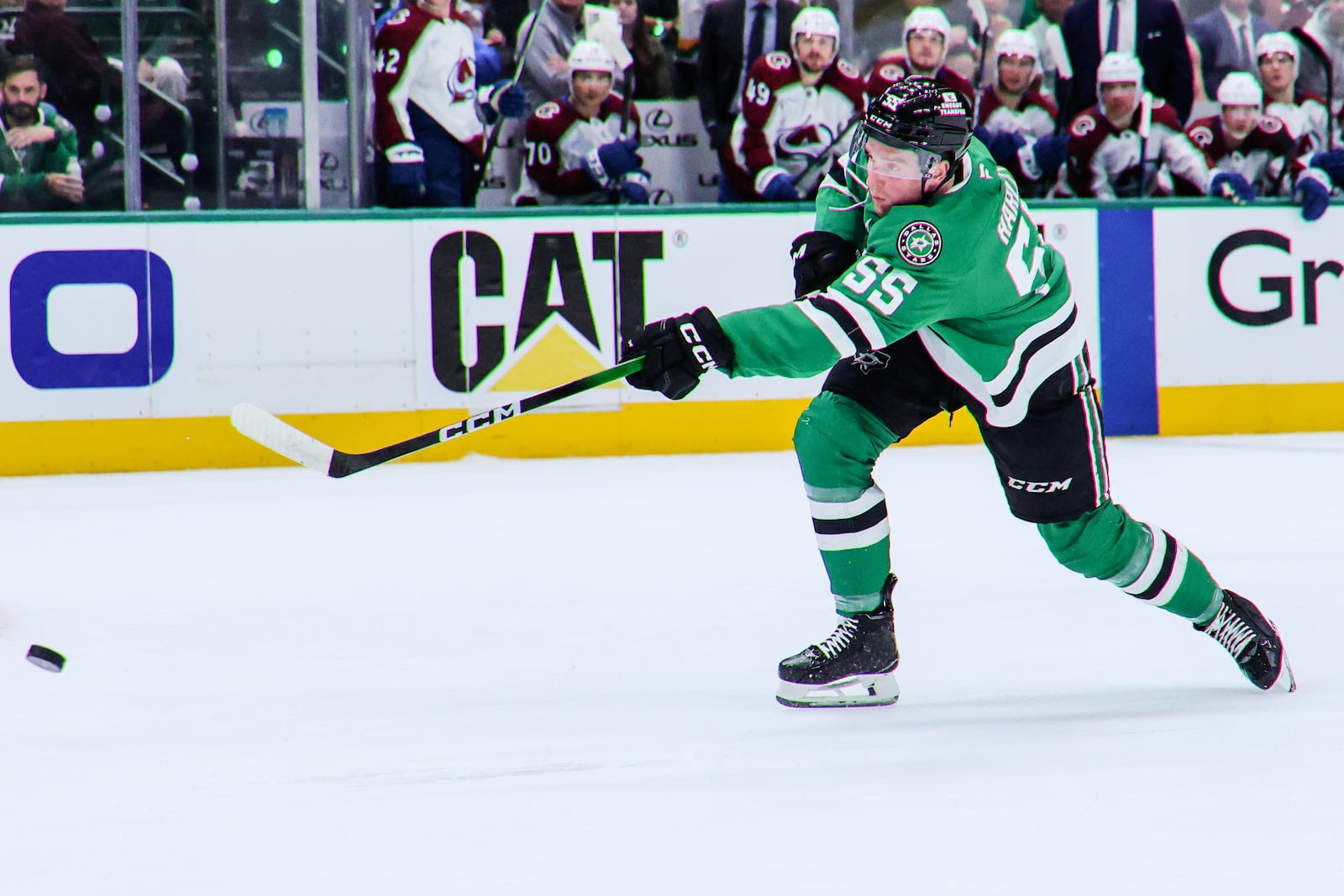 Dallas Stars defenseman Thomas Harley (55) scores during the first period of Game 5 of a first-round NHL hockey playoff series against the Colorado Avalanche in Dallas, Monday, April 28, 2025. (AP Photo/Gareth Patterson)