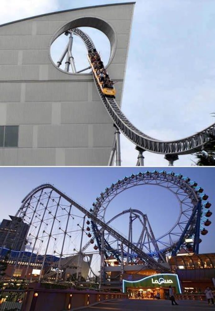 Known for its unique design around buildings in central Tokyo's Dome City Attractions amusement park, the Thunder Dolphin starts off with a dizzying 218 foot lunge at a steep 80 degree angle. You then race around the track at speeds in excess of 80 mph making this impressive 3,500-foot long, 26-story tall a mental joyride. The ride passes through both a hole in the LaQua building, as well as through the Big-O, the world's first hubless Ferris wheel. Thunder Dolphin's maximum speed is 80 miles per hour.