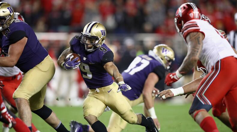 SANTA CLARA, CA - NOVEMBER 30: Myles Gaskin #9 of the Washington Huskies runs the ball against the Utah Utes during the Pac 12 Championship game at Levi’s Stadium on November 30, 2018 in Santa Clara, California. (Photo by Ezra Shaw/Getty Images)