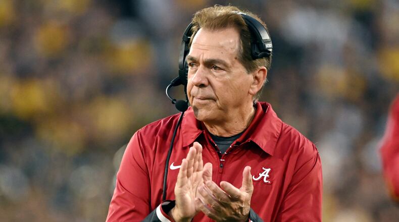 FILE - Alabama head coach Nick Saban reacts after running back Jase McClellan (2) scored a touchdown during the second half of the Rose Bowl CFP NCAA semifinal college football game against Michigan, Jan. 1, 2024, in Pasadena, Calif. (AP Photo/Kyusung Gong, File)