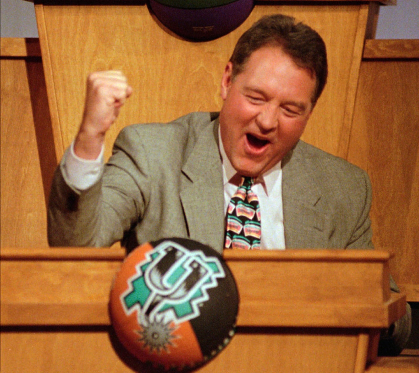 FILE - San Antonio Spurs Chairman of the Board Peter Holt reacts Sunday, May 18, 1997, in Secaucus, N.J., as the Spurs were selected to receive the first pick in the upcoming NBA draft. (AP Photo/Bill Kostroun, File)