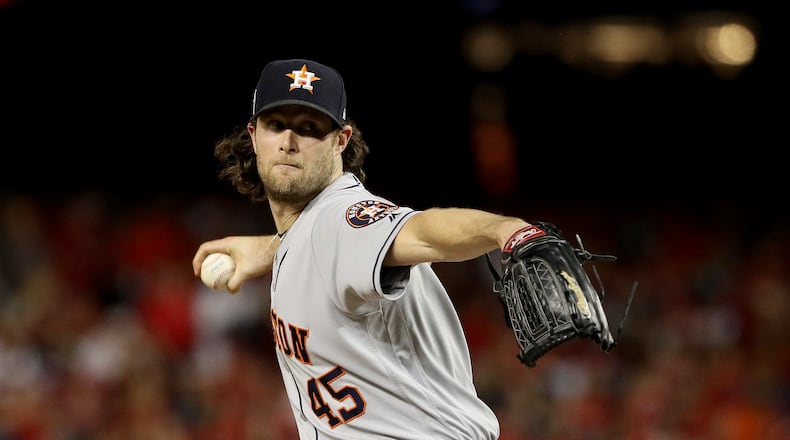 WASHINGTON, DC - OCTOBER 27: Gerrit Cole #45 of the Houston Astros delivers the pitch against the Washington Nationals during the sixth inning in Game Five of the 2019 World Series at Nationals Park on October 27, 2019 in Washington, DC. (Photo by Patrick Smith/Getty Images)