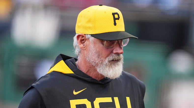 FILE - Pittsburgh Pirates manager Derek Shelton walks to the dugout before a baseball game against the Cleveland Guardians in Pittsburgh, April 18, 2025. (AP Photo/Gene J. Puskar, File)