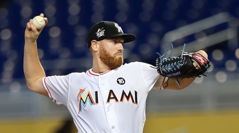 The Miami Marlins' Dan Straily pitches against the Philadelphia Phillies on May 31, 2017, at Marlins Park in Miami. He's been traded four times in 2 1/2 years. (Pedro Portal/Miami Herald/TNS)