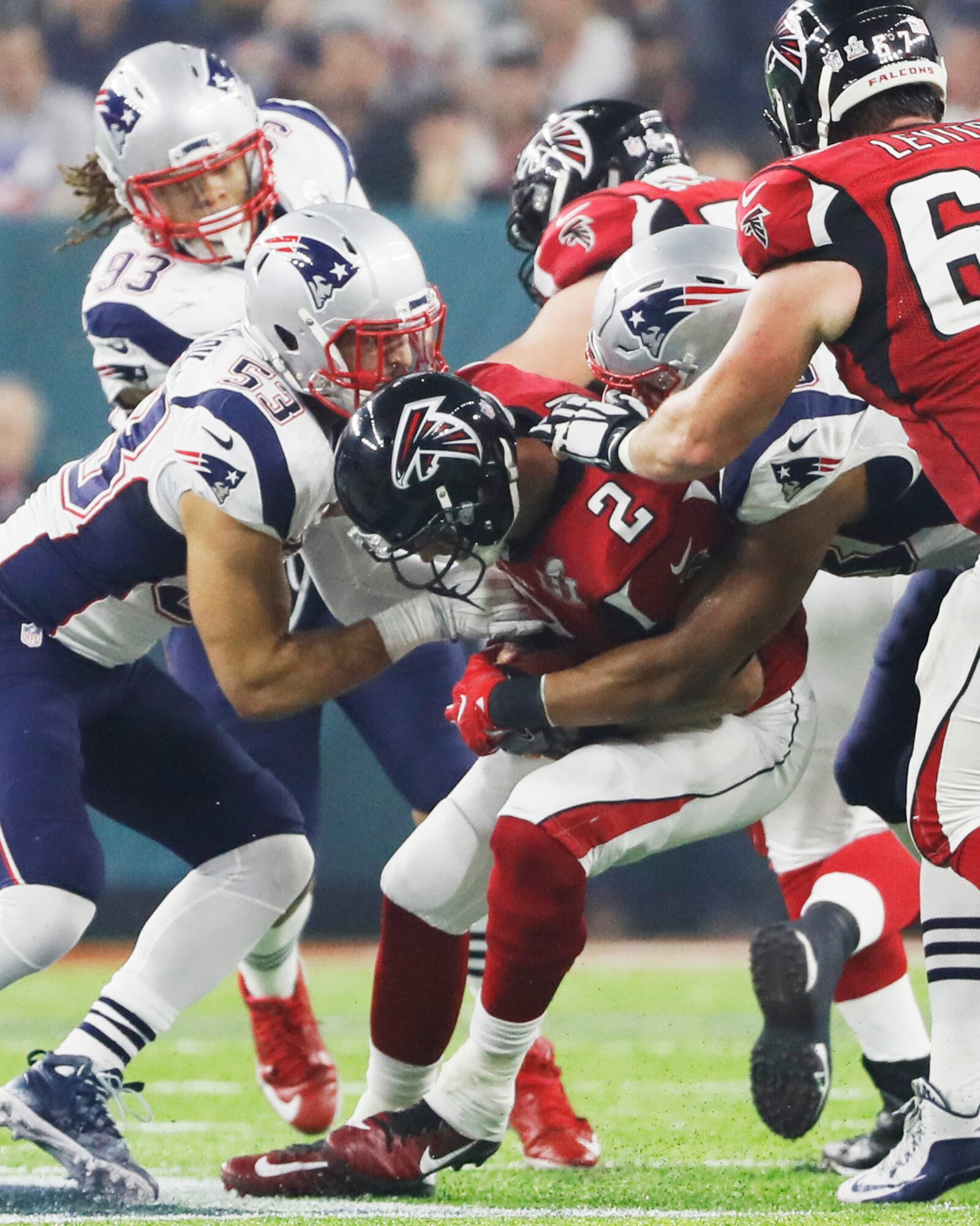 FEBRUARY 5, 2017  HOUSTON TX  Atlanta Falcons quarterback Matt Ryan (2) gets sacked and forces an Atlanta punt as the Atlanta Falcons meet the New England Patriots in Super Bowl LI at NRG Stadium in Houston, TX, Sunday,  February 5, 2017. Bob Andres/AJC