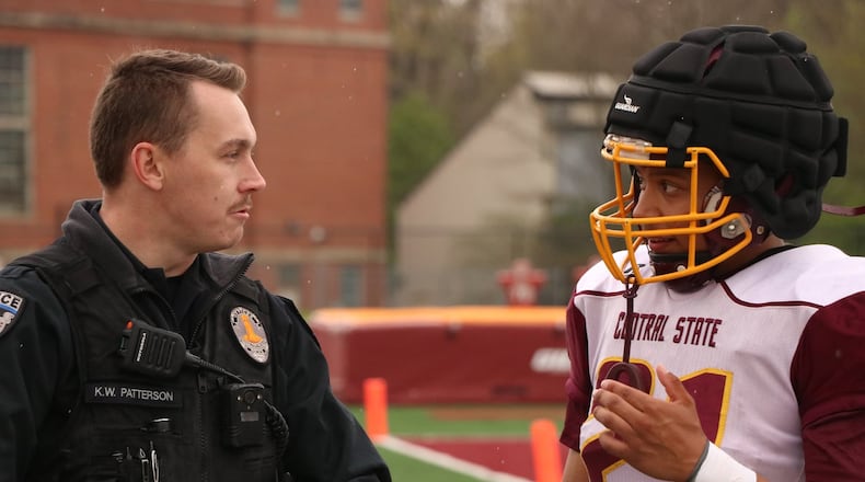 Central State police officer Kole Patterson and Marauders football player Jose Chaires. Central State Athletics photo