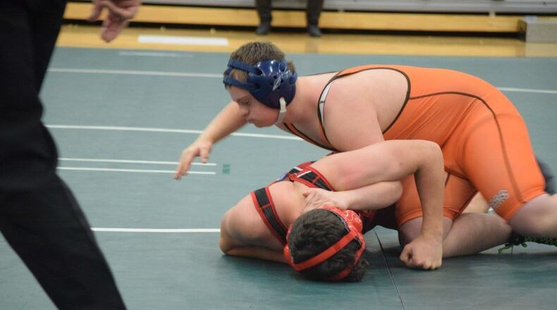 National Trail’s Brooks Henning (top) wrestles Wayne’s Tyler Stephens last week at Northmont. Photo courtesy of Annie Montgomery