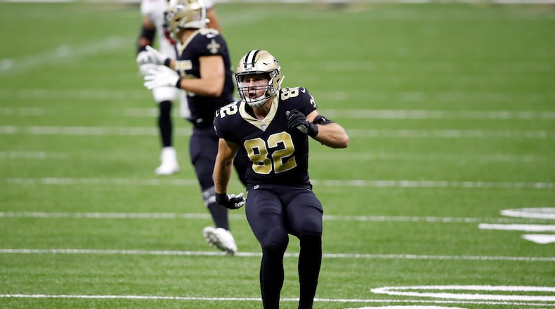 New Orleans Saints tight end Adam Trautman (82) during an NFL football game against the Tampa Bay Buccaneers, Sunday, Sept. 13, 2020, in New Orleans. (AP Photo/Tyler Kaufman)