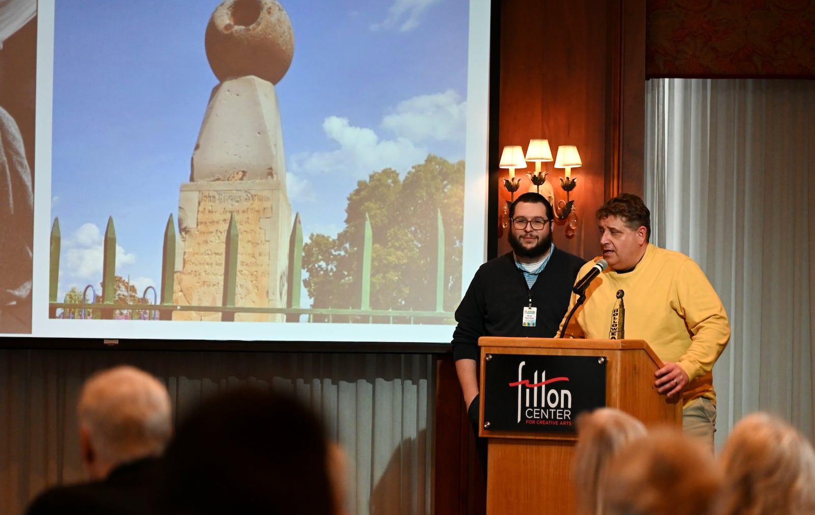 Chris Maraschiello, a teacher in the Hamilton school district and local historian, and Brad Spurlock, manager at the Smith Library of Regional History and Cummins Local Historic Room manager at The Lane Libraries, talk on Wednesday afternoon, April 2, 2025, at the Fitton Center, about the oddity of a well-debunked theory formulated by Capt. John Cleves Symmes Jr., who settled in Butler County in the 1820s and is buried at Symmes Park, Hamilton’s first cemetery. MICHAEL D. PITMAN/STAFF