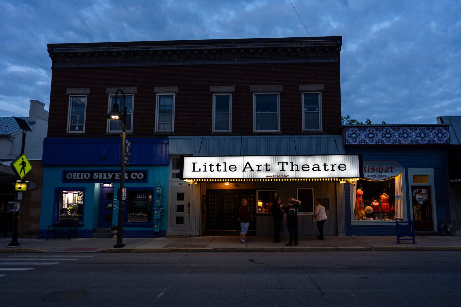 The Little Art Theatre is seen after the 7 p.m. showing of Raising Arizona on Thursday, May 16, 2024, in Yellow Springs, Ohio. When the Little Art Theatre set out to land a $100,000 grant to fund a stylish new marquee, the cozy arthouse theater had some talented help. Oscar-winning documentarian Steve Bognar lives in Yellow Springs, the bohemian Ohio town where the theater's a downtown fixture. (AP Photo/Carolyn Kaster)