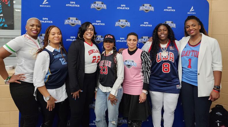 The headliners of the “Who’s in the Jersey” program put on by Dayton Public Schools Athletics at Belmont High on National Girls & Women in Sports Day: (left to right ) Phillitia Charlton (motivational speaker, former educator); Diona Clark (motivational speaker); Danielle Roe ( Springfield Catholic Central girls coach, former player at Springfield South, Sinclair, Kentucky Wesleyan and coach at Sinclair.) Shenise Turner-Sloss (Dayton City Commissioner); Victoria Jones  (executive athletics director Dayton Public, moderator of Who’s in the Jersey panel, former player at Patterson Co-op, St, Catharine’s University of Dayton and coach at several schools including Sinclair); Brandie Hoskins (founder of Brandie Hoskins Basketball Academy, former CJ, Ohio State, pro player); Tamika Williams-Jeter (University of Dayton women’s coach, former CJ, UConn and WNBA player and coach at Penn State, Ohio State, Kansas Kentucky, Wittenberg). CONTRIBUTED