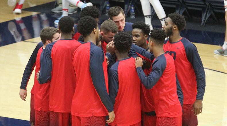 The Dayton Flyers huddle before a game against Saint Maryâs on Tuesday, Dec. 19, 2017, at McKeon Pavilion in Moraga, Calif. David Jablonski/Staff