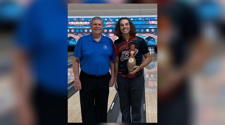 Tournament champion Drew Sacks with Bill Henson of Henson’s Bowling Academy at the JTBA Championships at Park Lanes. CONTRIBUTED