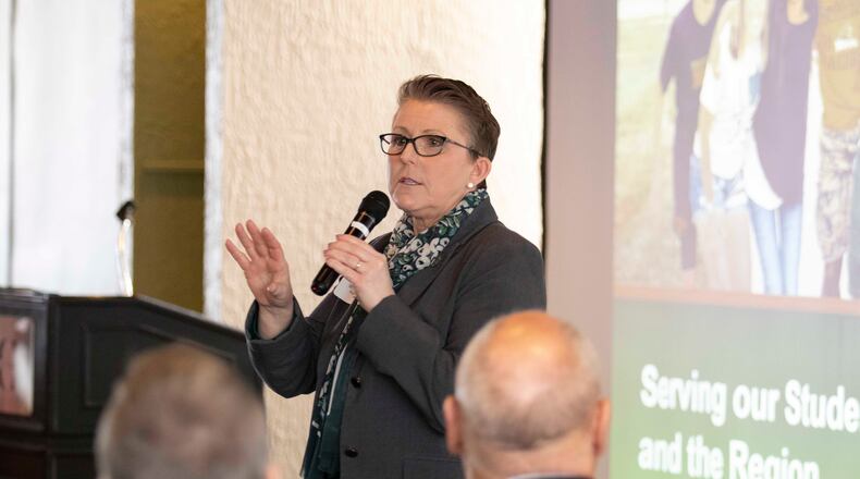 Susan Edwards, speaking Friday to a Dayton Area Chamber of Commerce breakfast meeting audience.