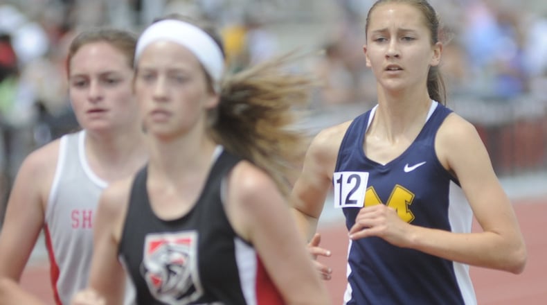 Monroe junior Rachel Ploeger (right) was seventh in the 3,200 meters during the Division II state track and field meet at Ohio State University’s Jesse Owens Memorial Stadium in Columbus on Saturday. MARC PENDLETON/STAFF
