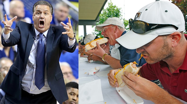 On the left, Kentucky basketball coach John Calipari. On the right, participants in an eating contest munching down Gold Star Chili coneys.