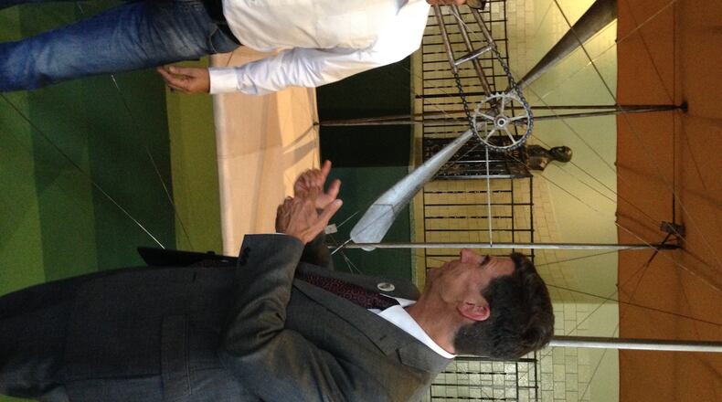 Tom Hanks stopped at Carillon Historical Park on Monday. Hanks (left) is pictured with President and CEO of Dayton History Brady Kress. The famous actor had the chance to see the historic Wright Flyer III, which is the only plane that’s been designated as a National Historical Landmark, Kress said. (Photo contributed by Dayton History)