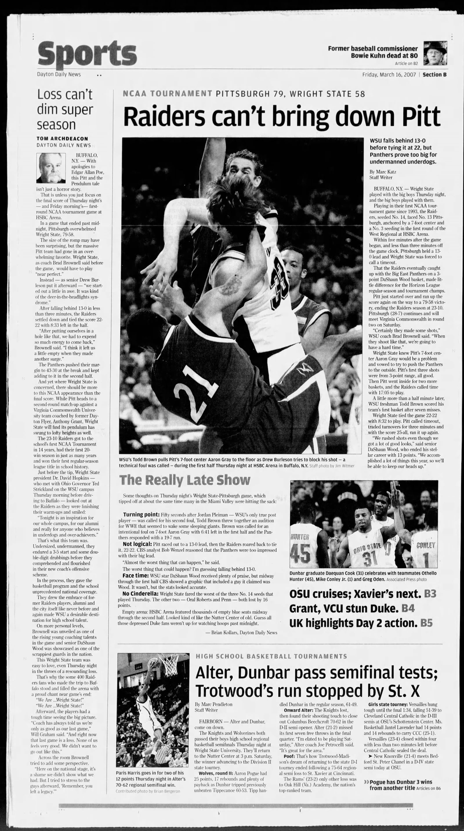 Coverage of Wright State's loss to Pittsburgh in the NCAA tournament in the March 16, 2007, edition of the Dayton Daily News.