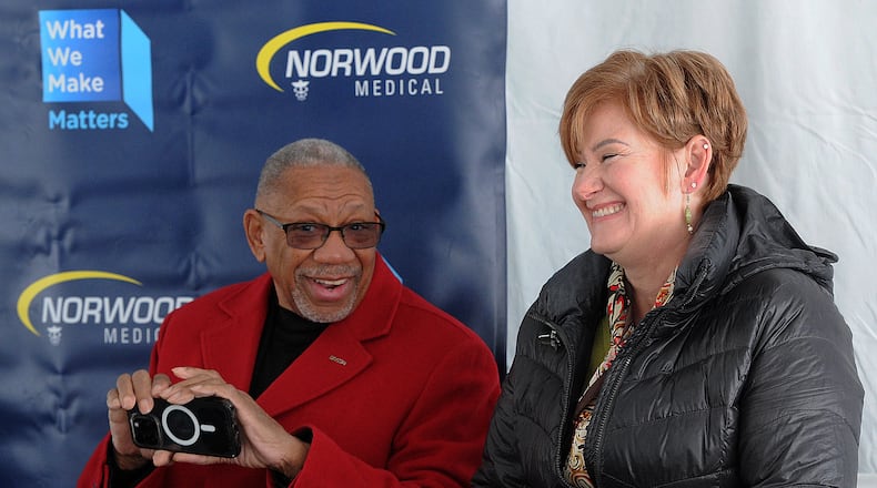Dayton Mayor Jeff Mims, left, and Shelley Dickstein, Dayton city manager attended the Norwood Medical groundbreaking Tuesday March 14, 2023 for a new building located at 2017 Webster Street. MARSHALL GORBY\STAFF
