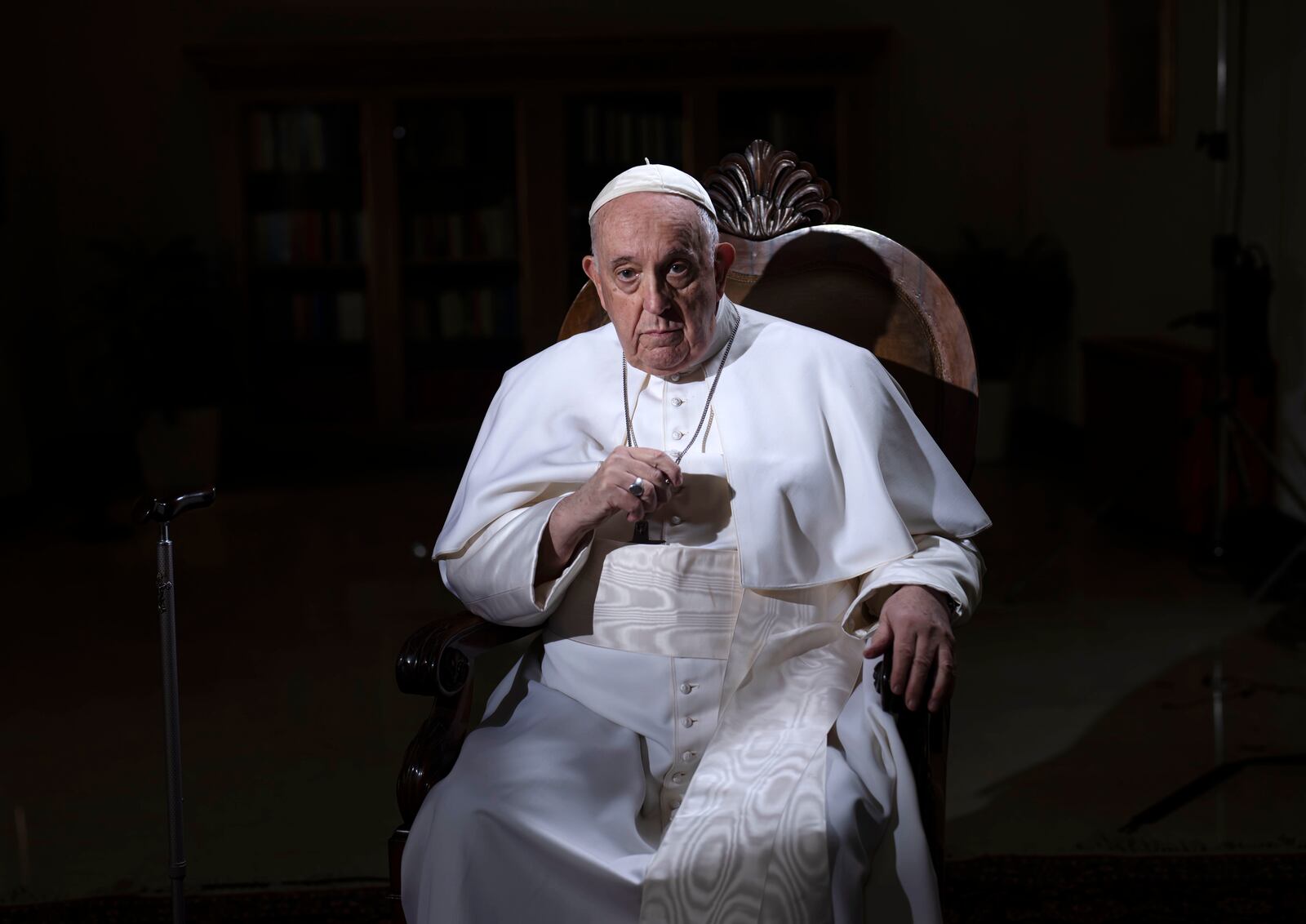 FILE - Pope Francis pauses during an interview with The Associated Press at The Vatican, Jan. 24, 2023. (AP Photo/Domenico Stinellis, File)