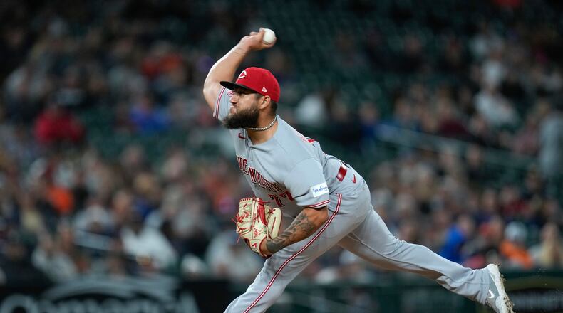 Cincinnati Reds relief pitcher Daniel Duarte throws against the Detroit Tigers in the sixth inning of a baseball game, Tuesday, Sept. 12, 2023, in Detroit. (AP Photo/Paul Sancya)