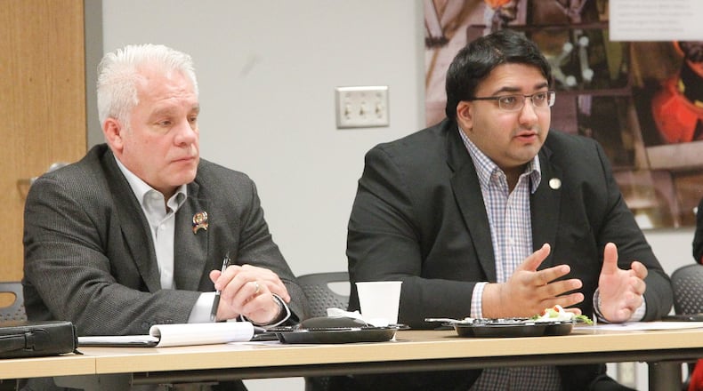 Ohio state representatives Phil Plummer (left), R-Dayton, and Niraj Antani, R-Miamisburg. CHRIS STEWART / STAFF