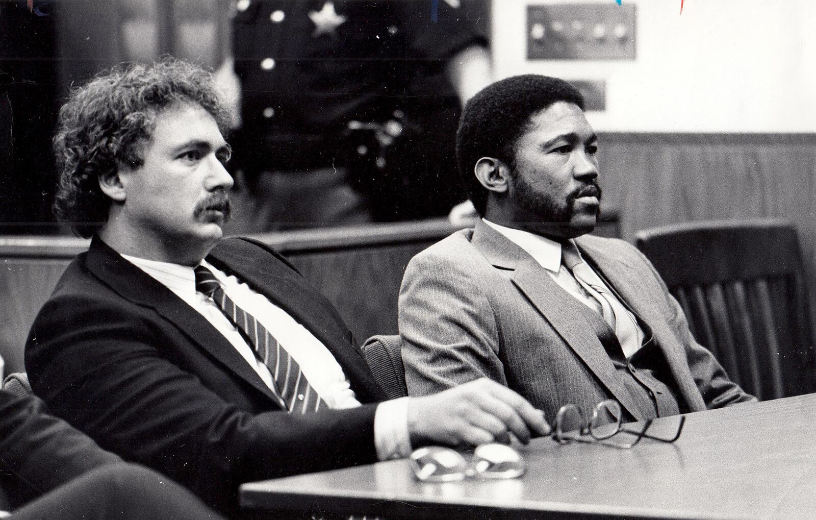 Defense attorney Dennis Lieberman and Samuel Moreland listen as Judge Carl Kessler reads a verdict April 22, 1986. A three judge panel convicted Moreland and sentenced him to death. DAYTON DAILY NEWS ARCHIVE