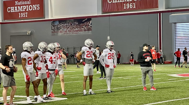 OSU DBs Jermaine Mathews, Jyair Brown, Davison Igbinosun, Ryan Turner practice March 7, 2023 in Columbus.