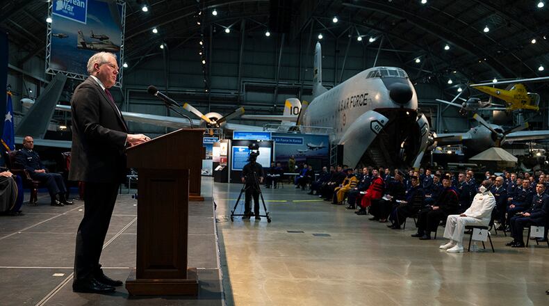 Secretary of the Air Force Frank Kendall speaks at the Air Force Institute of Technology graduation ceremony in the National Museum of the U.S. Air Force at Wright-Patterson Air Force Base on March 24. More than 200 advanced technical degrees were awarded to active-duty Airmen and civilian employees. U.S. AIR FORCE PHOTO/R.J. ORIEZ