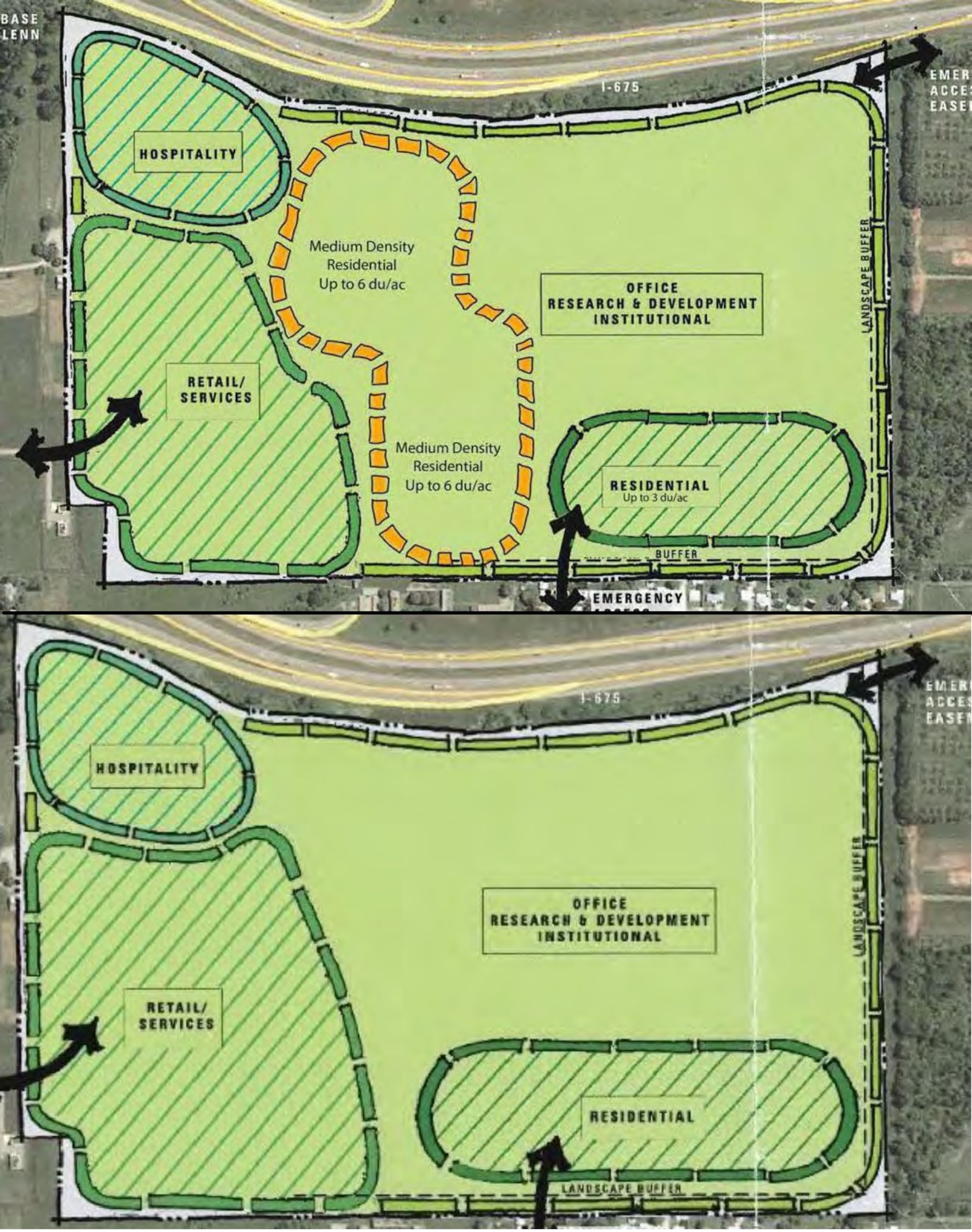 A comparison of the new proposal to build apartments off of Mission Point Boulevard in Beavercreek (above) compared with the original 2007 plan (below). CONTRIBUTED