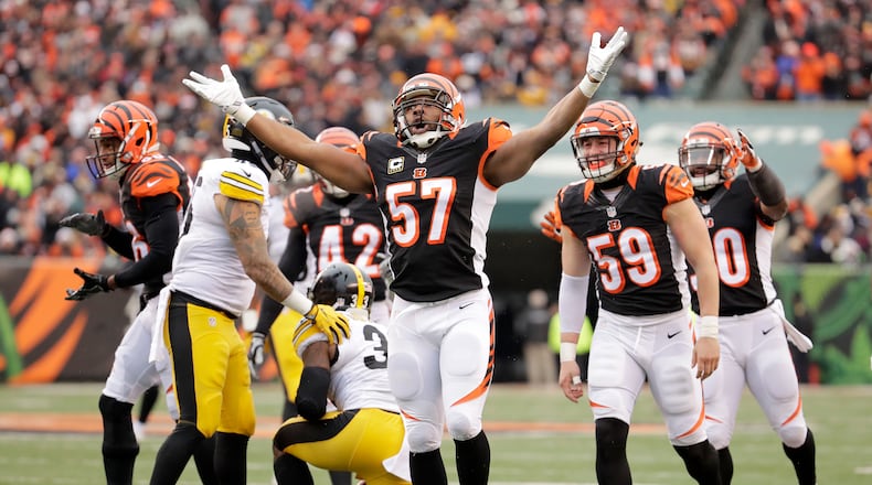 CINCINNATI, OH - DECEMBER 18: Vincent Rey #57 of the Cincinnati Bengals celebrates after making a defensive stop during the second quarter of the game against the Pittsburgh Steelers at Paul Brown Stadium on December 18, 2016 in Cincinnati, Ohio. (Photo by Andy Lyons/Getty Images)