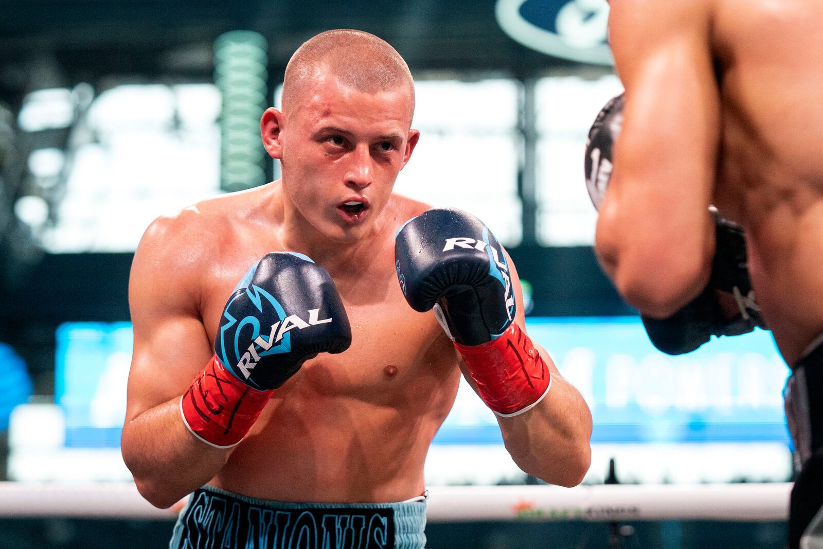 FILE - Eimantas Stanionis, from Lithuania, squares off against Radzhab Butaev, from Russia, during a WBA world welterweight championship undercard fight Saturday, April 16, 2022, in Arlington, Texas. (AP Photo/Jeffrey McWhorter, File)