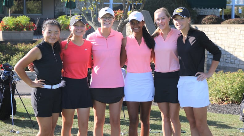 The Centerville girls golf team qualfied for the Division I state tournament for the fifth straight season. The team consists of (from left) Kate Dickerson, Morgan Rodgers, Carley Jones, Meha Pandya, Jenna Hayes and Amelia Burger. Greg Billing / Contributed
